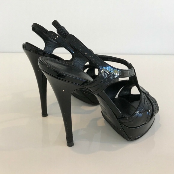 YVES SAINT LAURENT BLACK PATENT TRIBUTE PLATFORM SANDALS SIZE IT 37.5 / US 7.5 - Picture 10 of 13